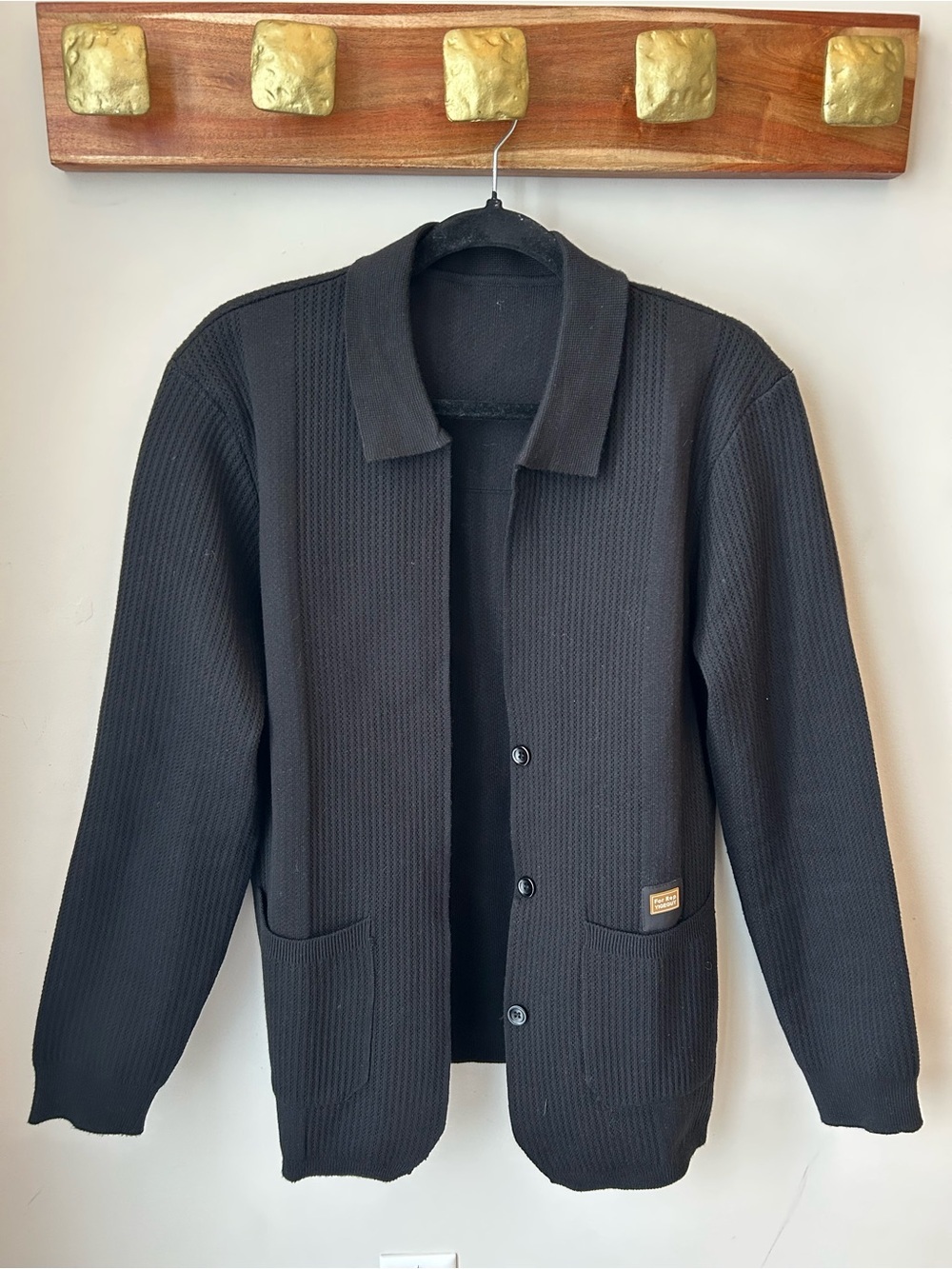 Textured Knit Button Front Cardigan Jacket Black Collared - Men’s